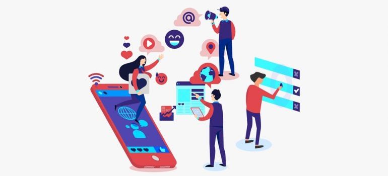 An illustration of people communicating through social media.