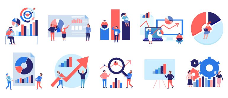 Eight different analytics illustrations.