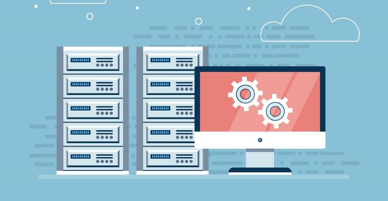 Hosting servers and laptop with a red screen