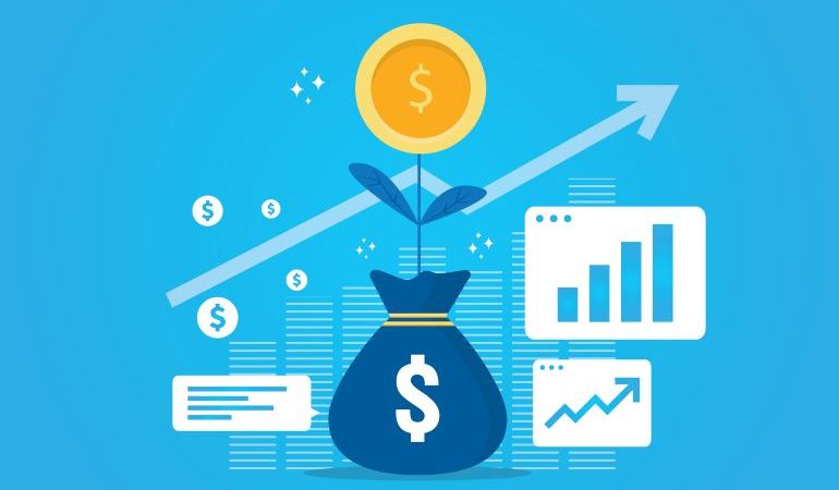 Vector image of bag with money, surrounded by analytics and growth charts.