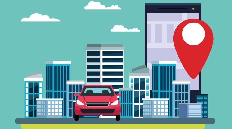 Vector image of a city and a car with a smartphone and location tag.