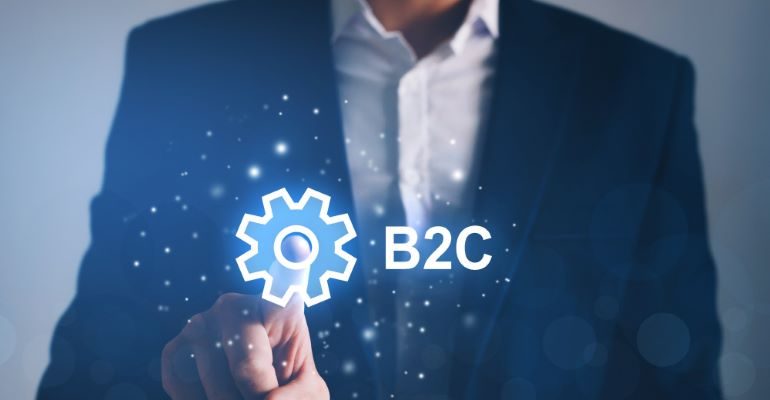 Businessman pointing at B2C digital screen