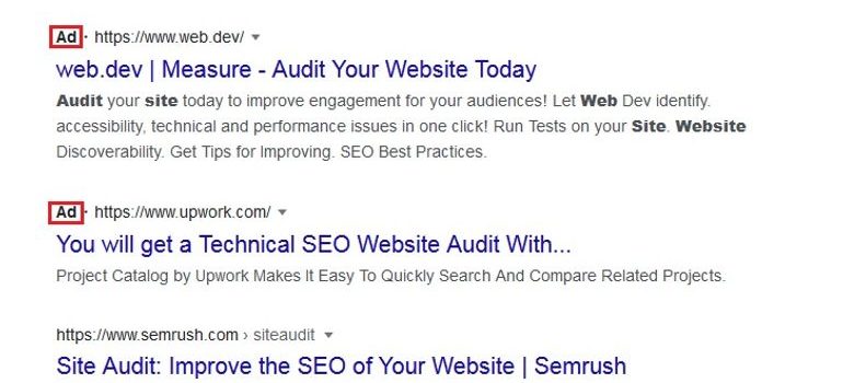 Google search results related to SEO, displaying ads and organic results.