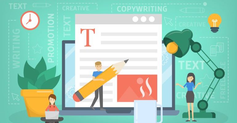 Vector image of three people working on press release copy.
