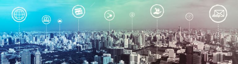 Vector image of linking network above a city skyline.