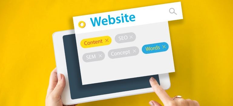 Vector image of tablet with website optimization elements.