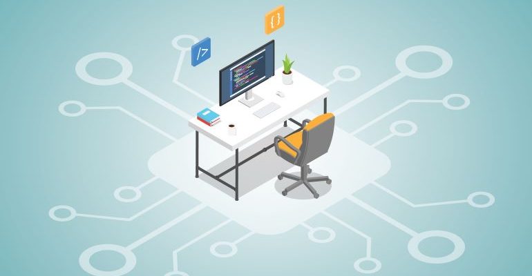 vector image of desktop with motherboard elements bellow it.