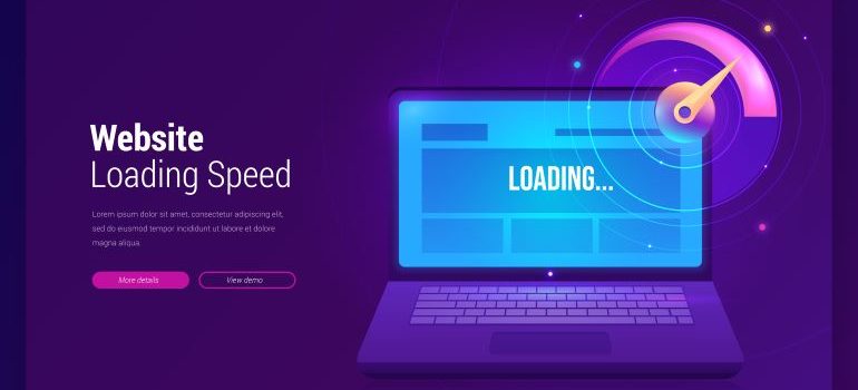 Website Loading Speed with a laptop and speedometer next to it.