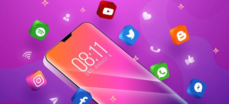 Smartphone with social media icons floating around it.