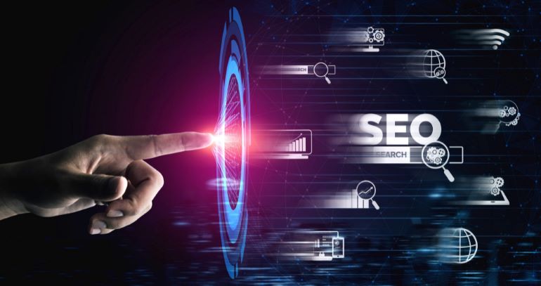 Finger touching a portal from which SEO-related icons are coming out.