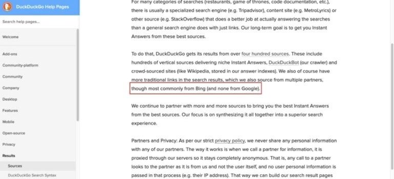 A screenshot of DuckDuckGo's search help page.