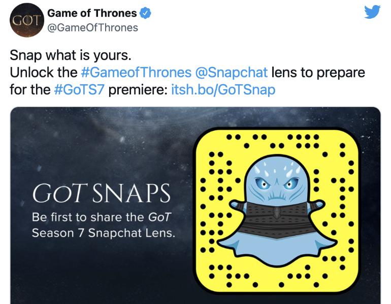 A tweet by Game of Thrones advertising their themed Snapchat content.