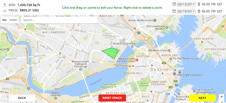 A screenshot of Snapchat’s Geofencing filter which determines final ad costs.