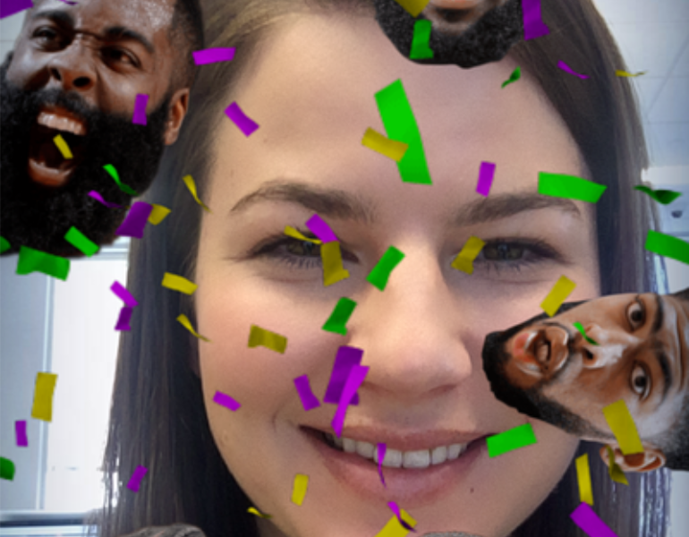 An example of a themed Snapchat Sponsored Lens featuring confetti and the faces of famous basketball players.