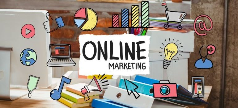 Illustration of online marketing banner with drawings of essential marketing elements.