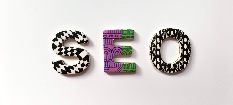 SEO written in colorful letters on a white background