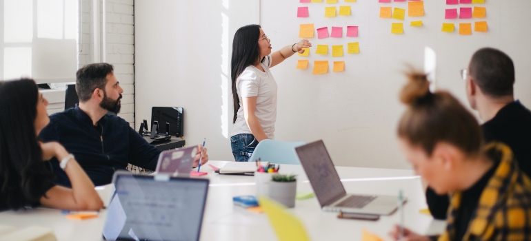 Marketing team working on a strategy in a meeting room