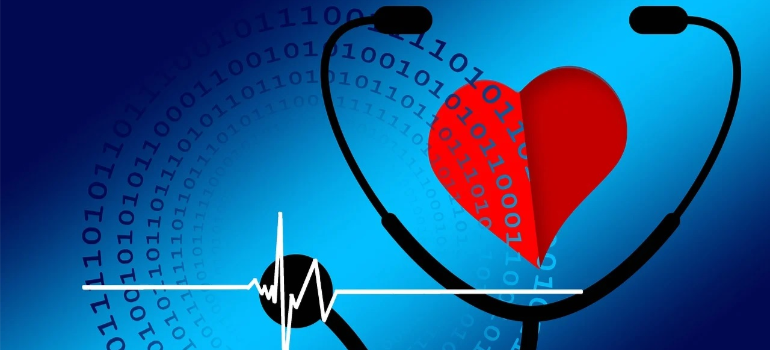 An illustration of a heart and stethoscope next to 0s and 1s.