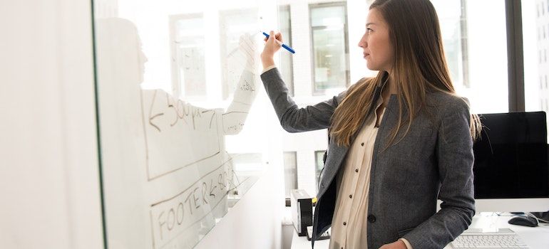 Woman writing a digital marketing strategy on a board.