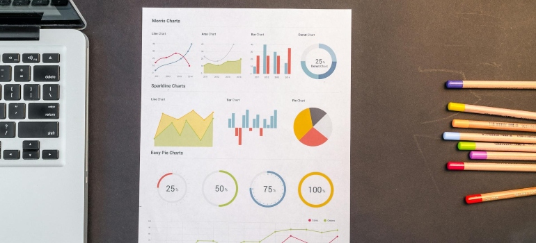 some statistics on a piece of paper next to the laptop 