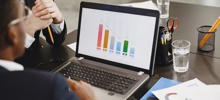 A person looking at bar charts and analyzing data